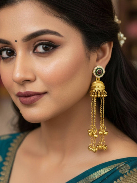 Rukma Red Green Kashmiri Ghungroo Golden Jhumki Dangle Earrings