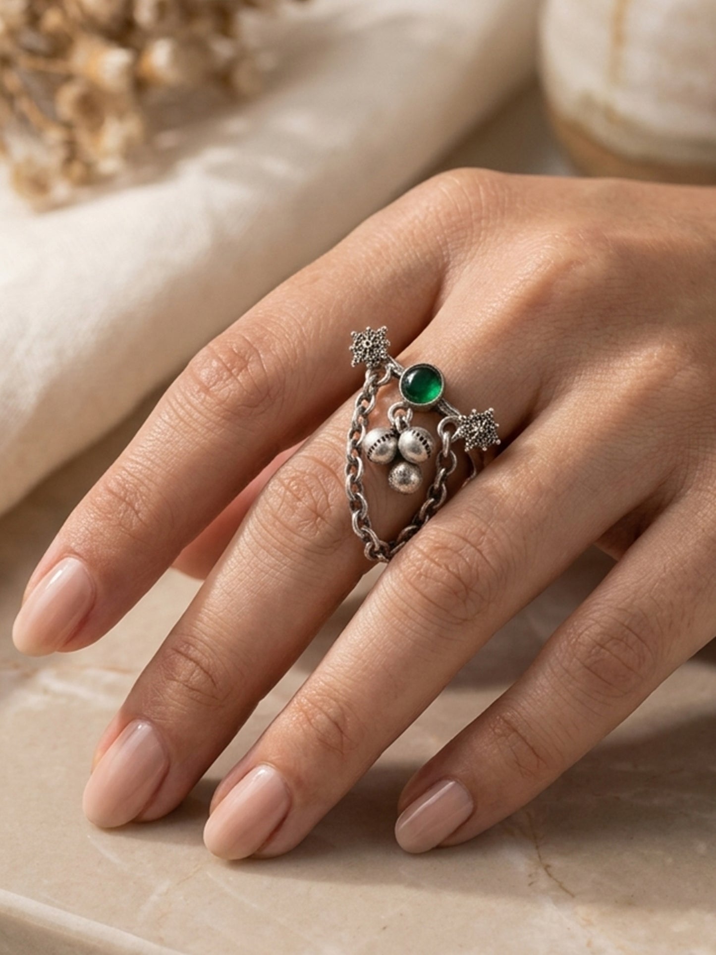 Ruma Green Monalisa Stone Ghungroo Ring