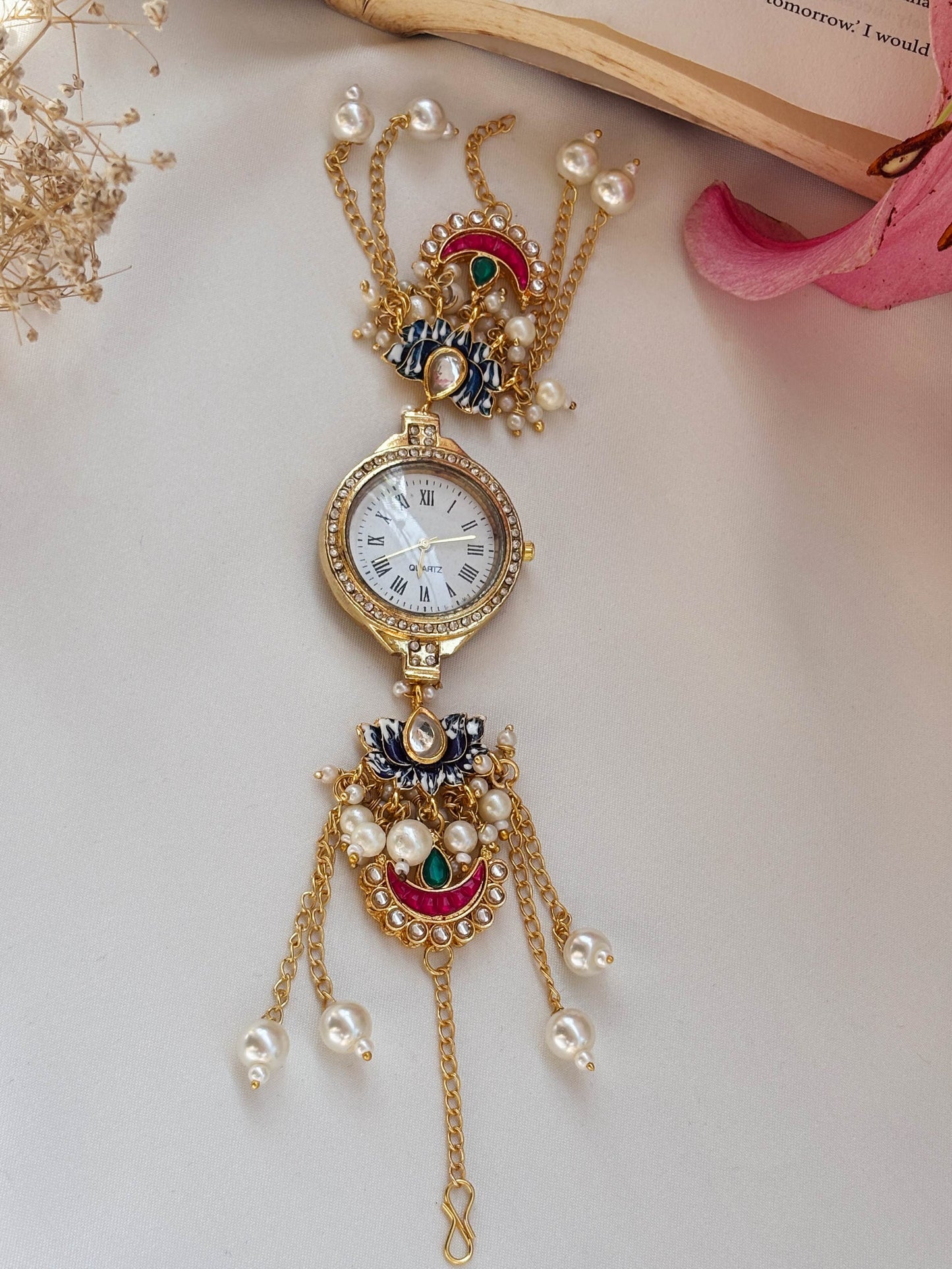 Rumeha Golden Pearl Chain Drop Watch Bracelet
