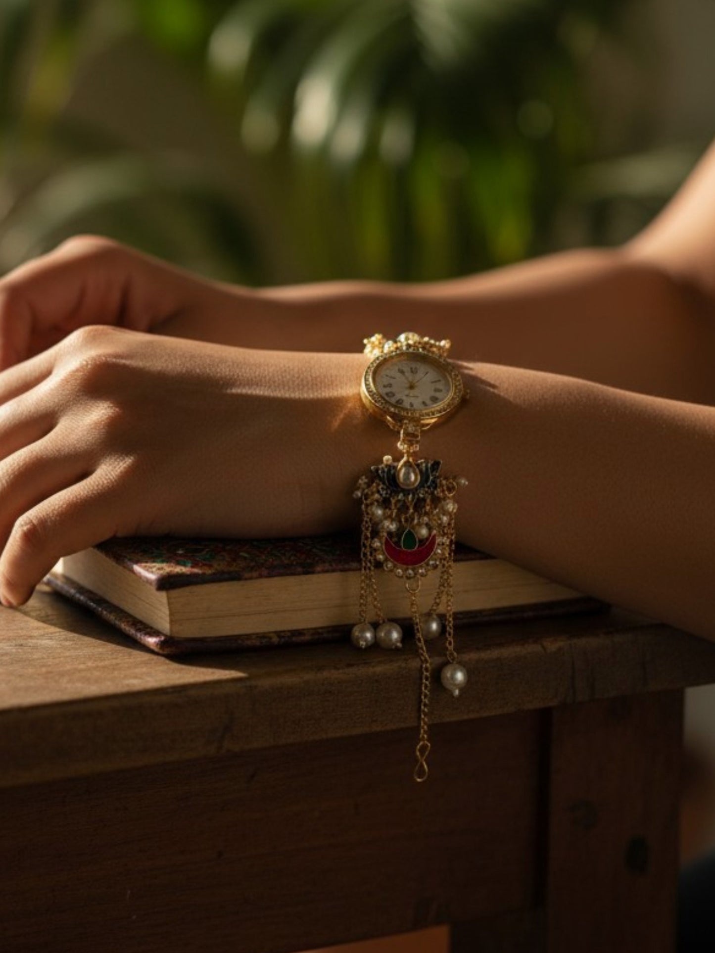 Rumeha Golden Pearl Chain Drop Watch Bracelet