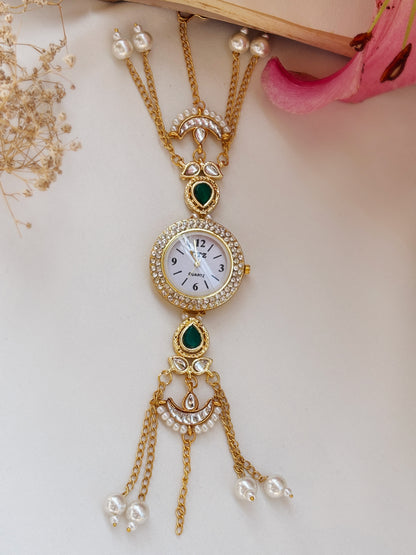 Rumeha-2 Golden Pearl Chain Drop Watch Bracelet