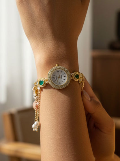 Rumeha-2 Golden Pearl Chain Drop Watch Bracelet