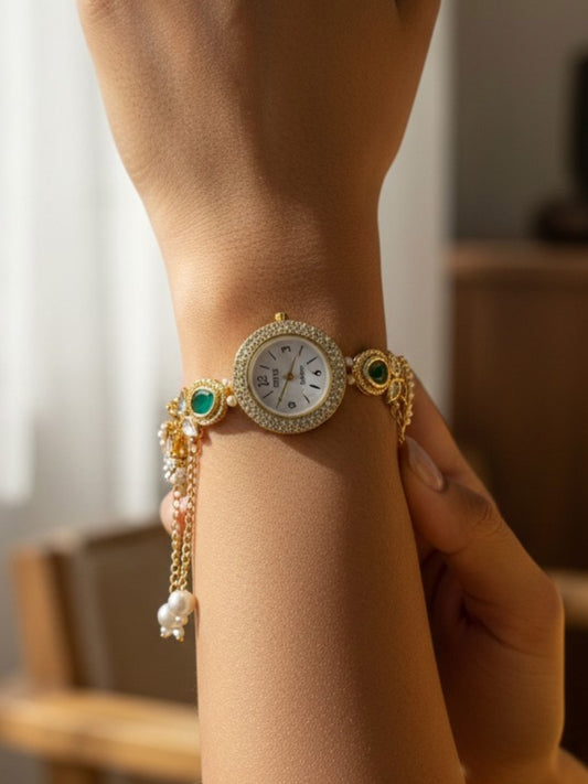 Rumeha-2 Golden Pearl Chain Drop Watch Bracelet