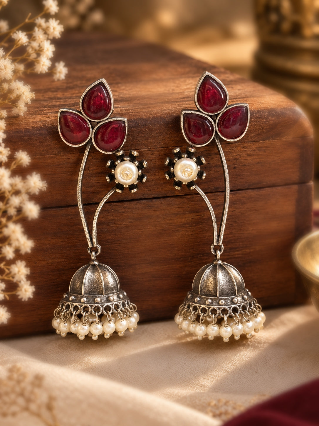 Rumena Red Monalisa Stone Pearl Jhumka Earrings