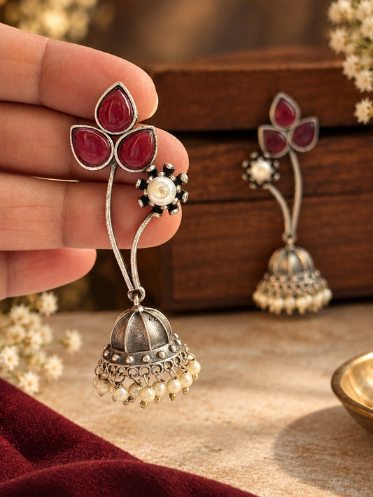 Rumena Red Monalisa Stone Pearl Jhumka Earrings
