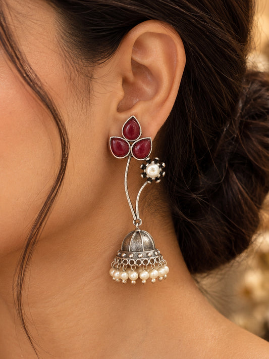 Rumena Red Monalisa Stone Pearl Jhumka Earrings