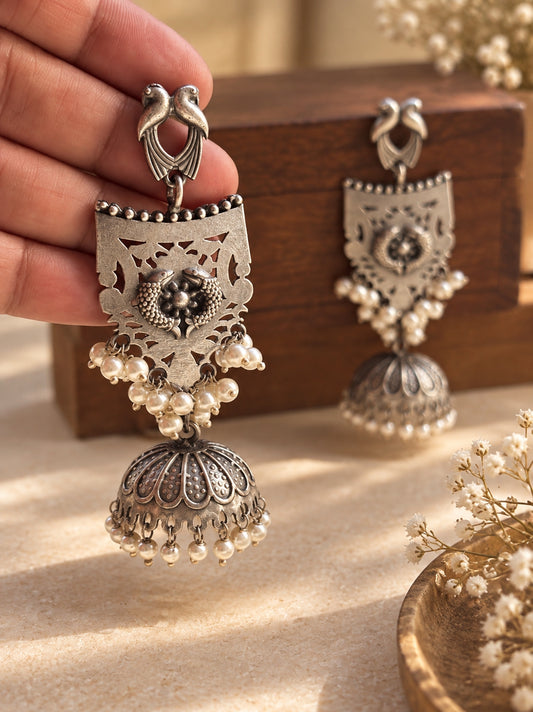 Sarika Long Pearl Dangle Jhumka Earrings