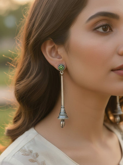 Shehnai Green Dangle Enamel Hand-Painted Oxidized Earrings