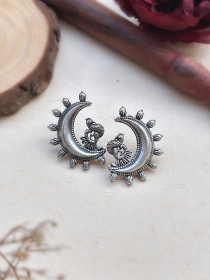 Soma Studs – Oxidized Silver Replica Half-Moon Peacock Earrings