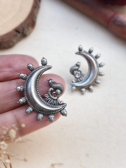 Soma Studs – Oxidized Silver Replica Half-Moon Peacock Earrings