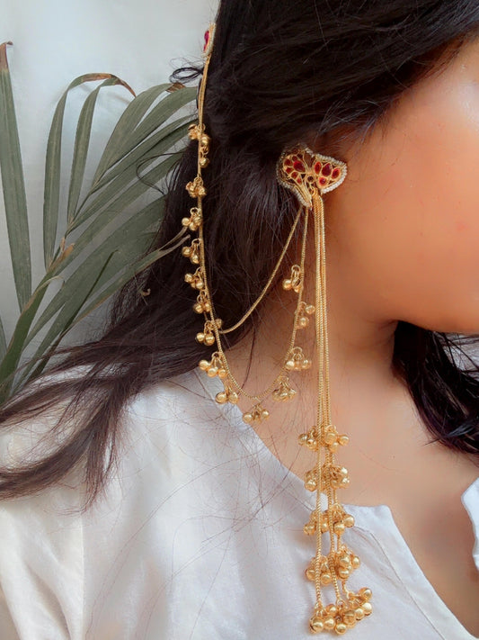 Sona Red Magenta Kashmiri Ghungroo Earrings with Golden Earchain