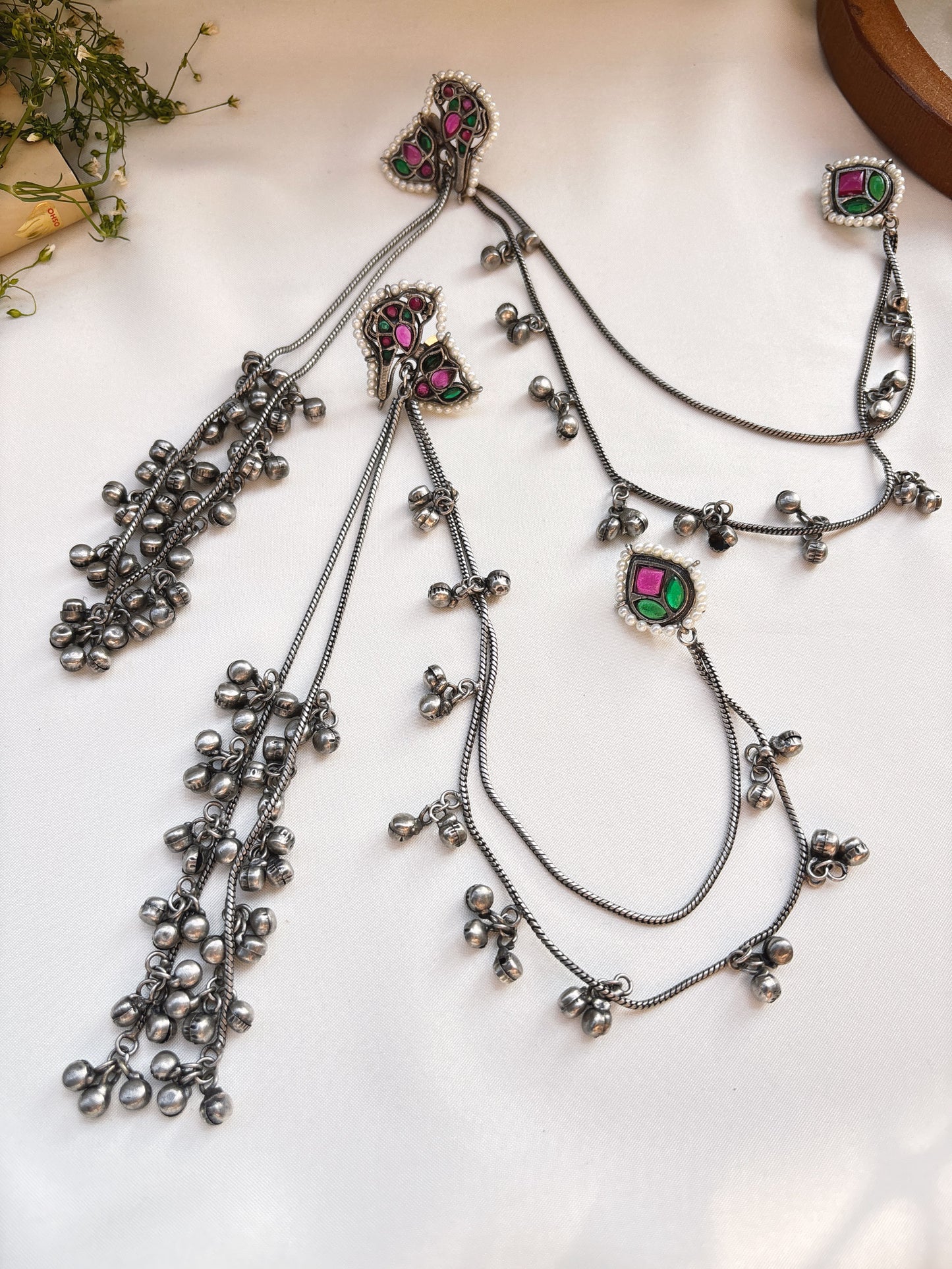 Sona Silver Red Green Kashmiri Ghungroo Hair Chain Earrings