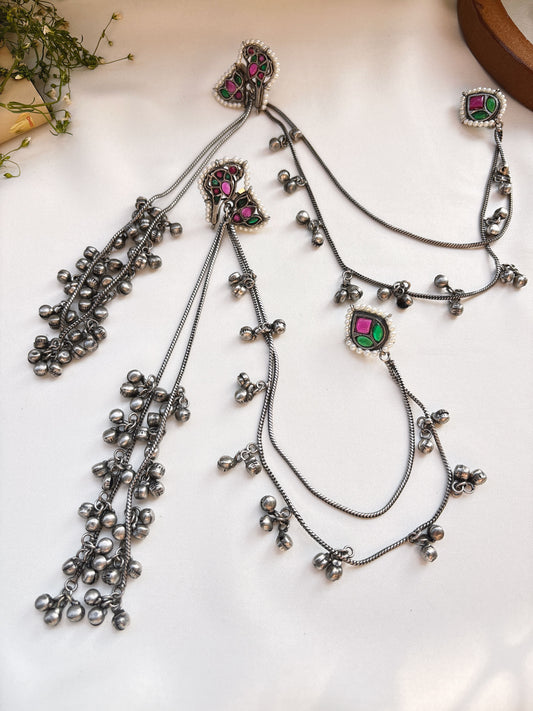 Sona Silver Red Green Kashmiri Ghungroo Hair Chain Earrings