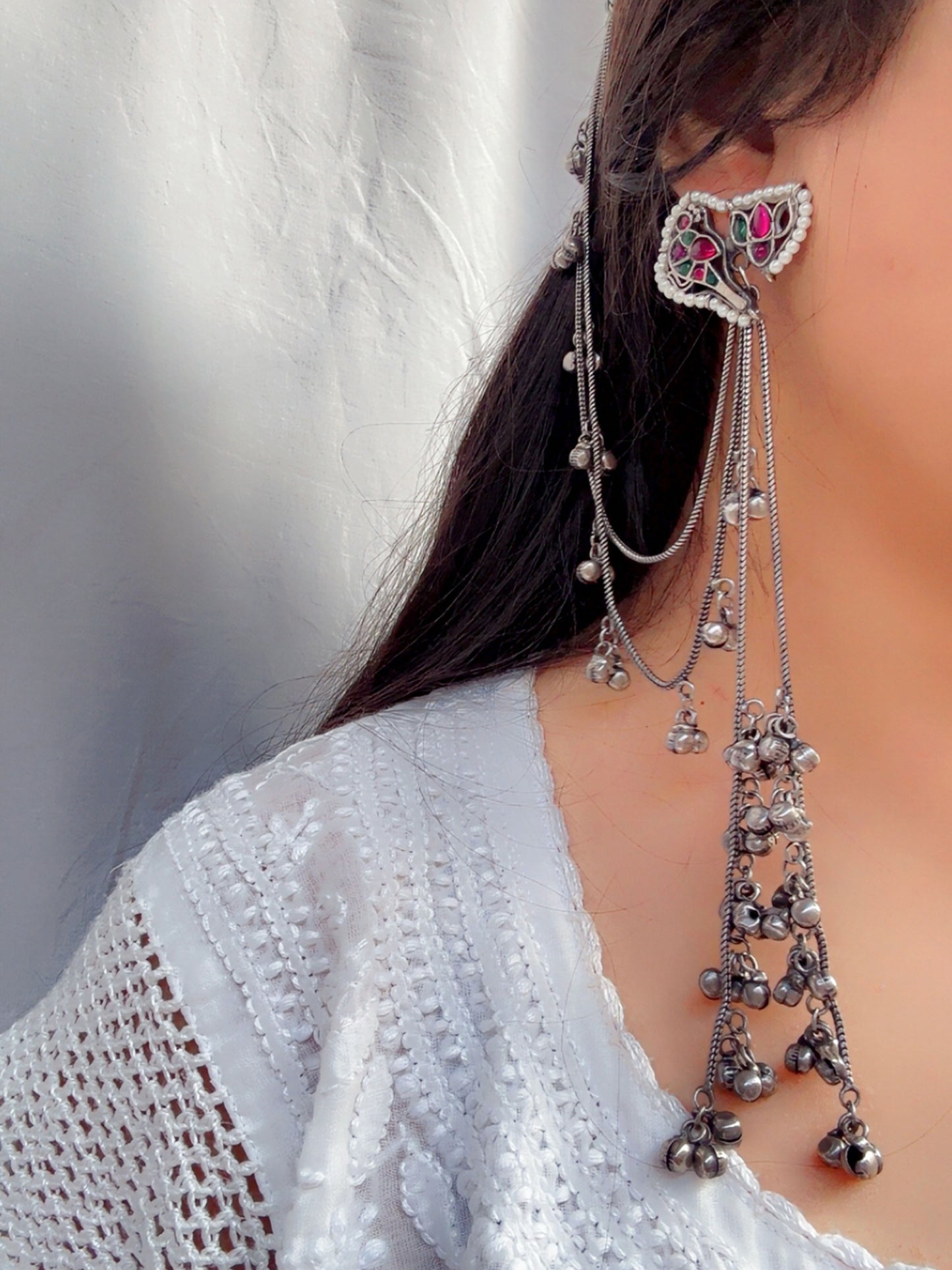 Sona Silver Red Green Kashmiri Ghungroo Hair Chain Earrings