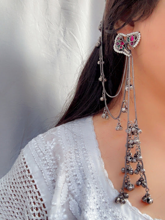 Sona Silver Red Green Kashmiri Ghungroo Hair Chain Earrings