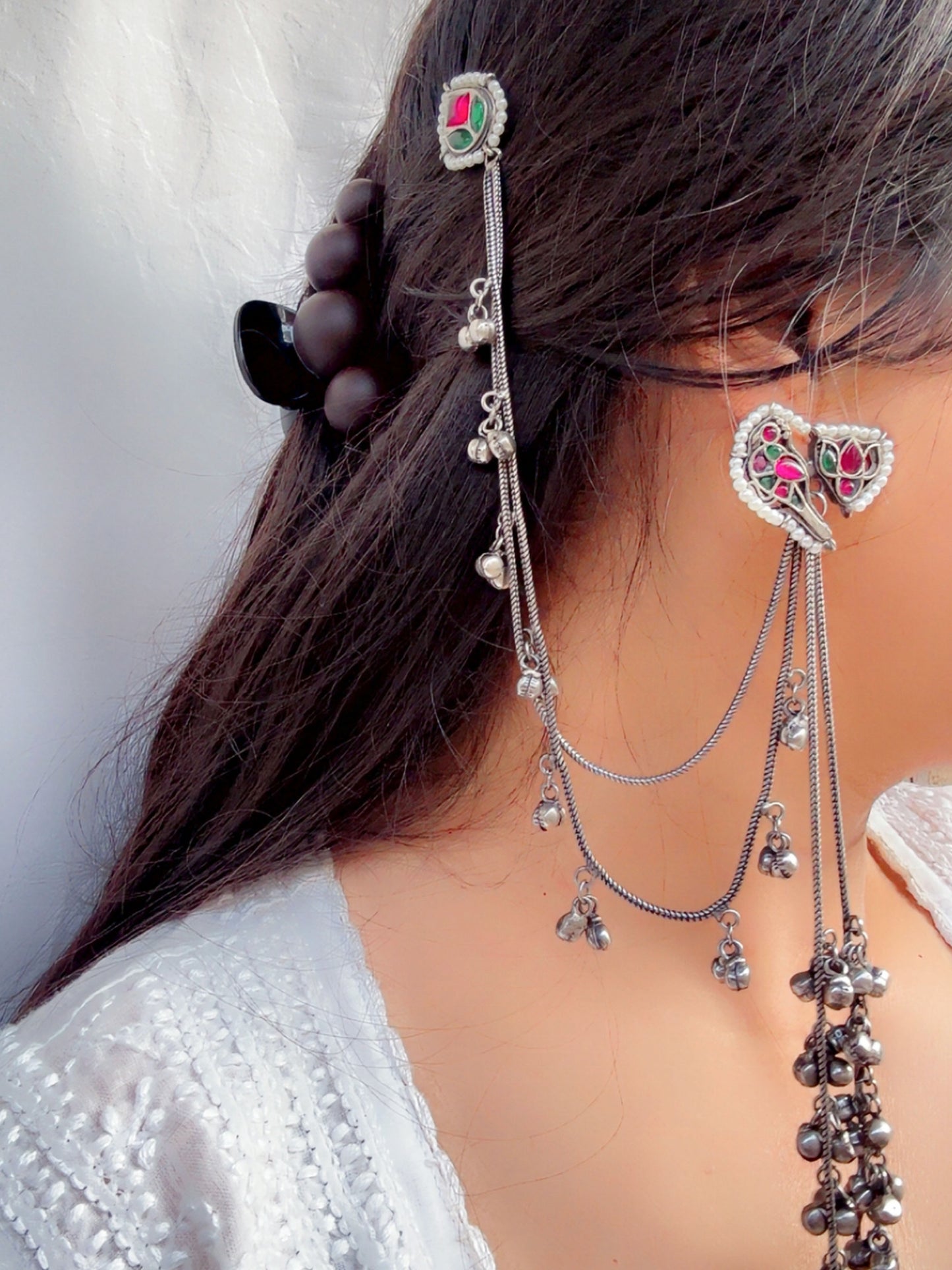 Sona Silver Red Green Kashmiri Ghungroo Hair Chain Earrings