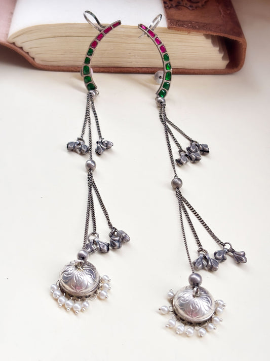 Subhiksha Magenta Green Meenakari Long Earcuff Jhumka – Oxidized Silver Earrings