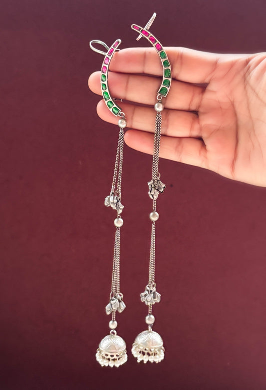 Subhiksha Magenta Green Meenakari Long Earcuff Jhumka – Oxidized Silver Earrings
