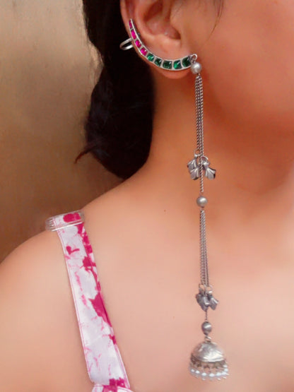Subhiksha Magenta Green Meenakari Long Earcuff Jhumka – Oxidized Silver Earrings