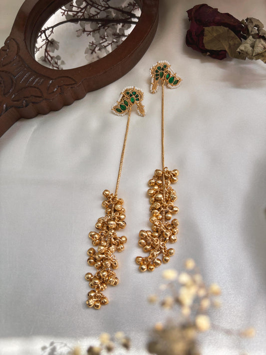 Suneri Green Golden Kashmiri Long Ghungroo Earrings