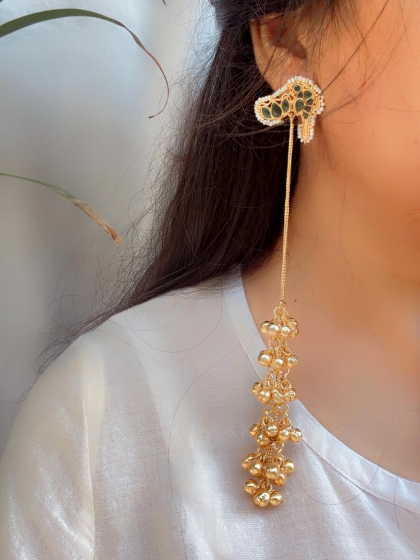 Suneri Green Golden Kashmiri Long Ghungroo Earrings