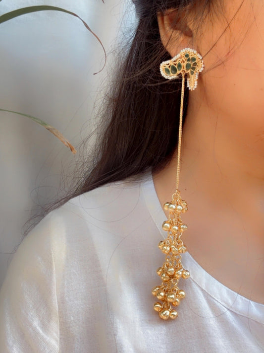 Suneri Green Golden Kashmiri Long Ghungroo Earrings