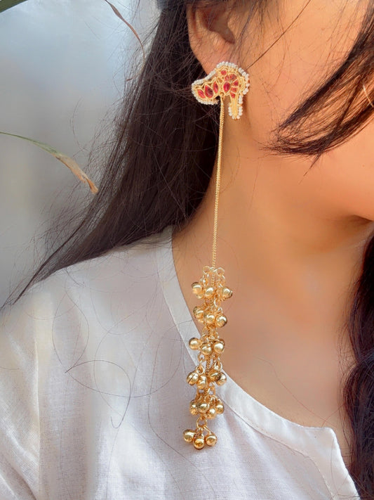 Suneri Magenta Ruby Long Kashmiri Golden Ghungroo Earrings