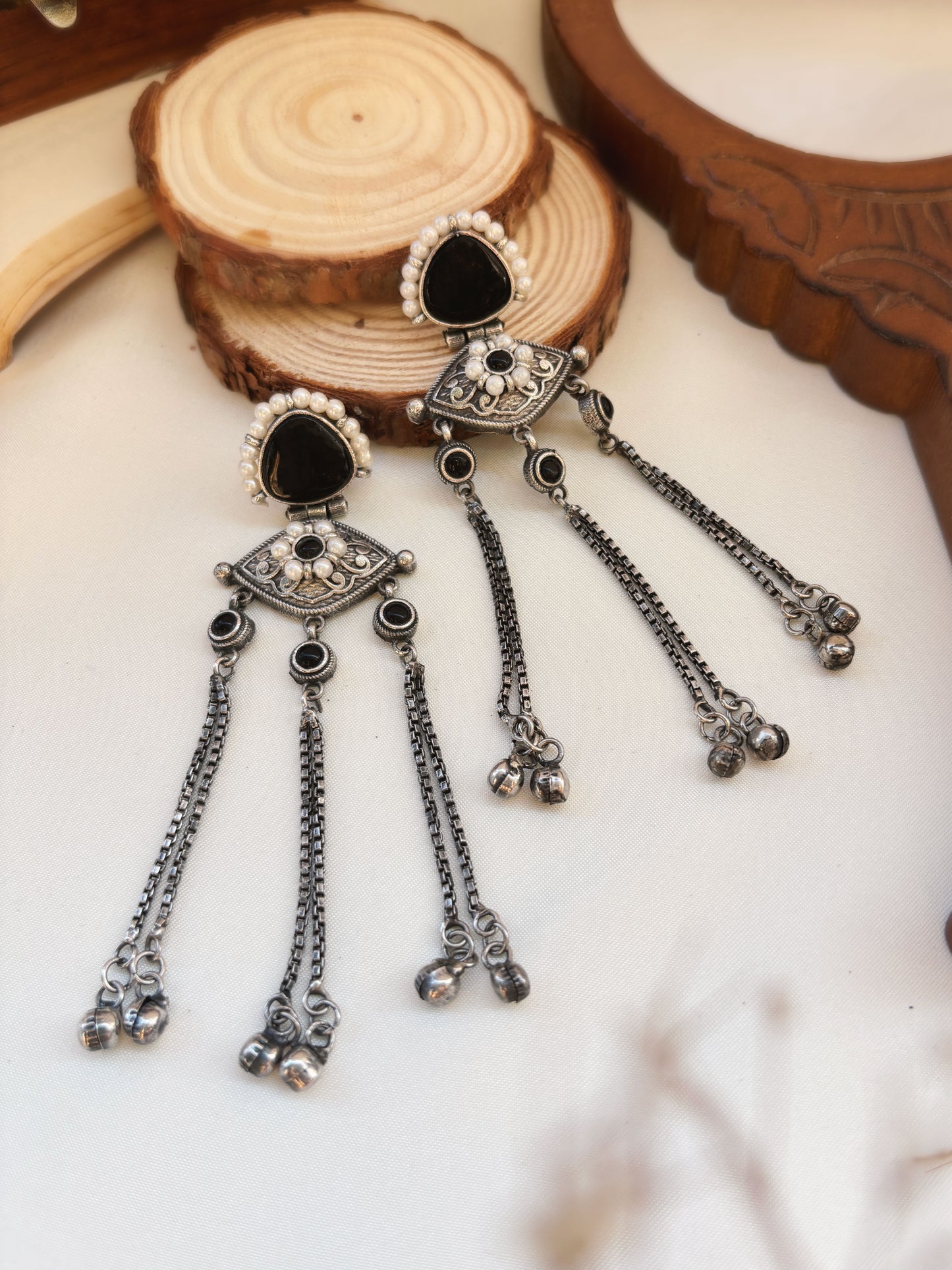 Suravi Black Pearl Monalisa Stone Ghungroo Dangle Earrings