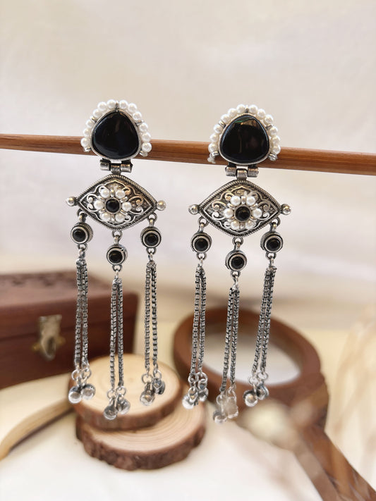 Suravi Black Pearl Monalisa Stone Ghungroo Dangle Earrings