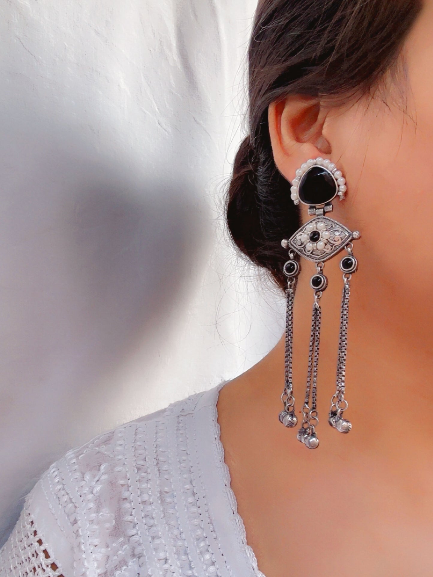 Suravi Black Pearl Monalisa Stone Ghungroo Dangle Earrings