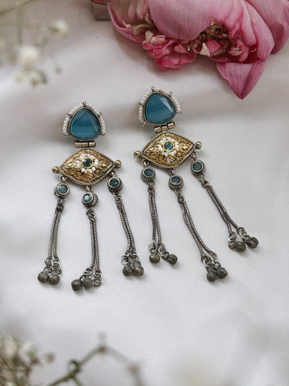 Suravi Blue Dual Tone Ghungroo Dangle Earrings