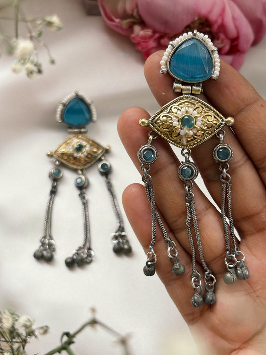 Suravi Blue Dual Tone Ghungroo Dangle Earrings