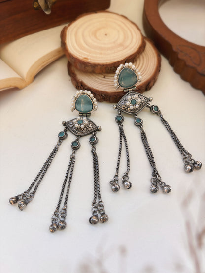 Suravi Blue Pearl Monalisa Stone Ghungroo Dangle Earrings