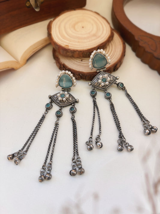 Suravi Blue Pearl Monalisa Stone Ghungroo Dangle Earrings