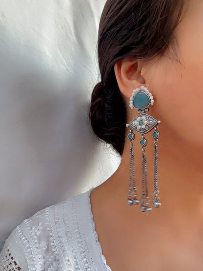 Suravi Blue Pearl Monalisa Stone Ghungroo Dangle Earrings