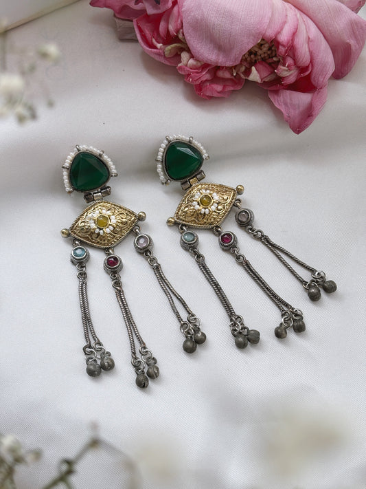 Suravi Green Dual Tone Ghungroo Dangle Earrings