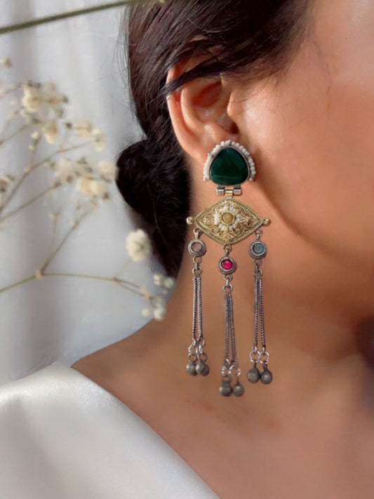 Suravi Green Dual Tone Ghungroo Dangle Earrings