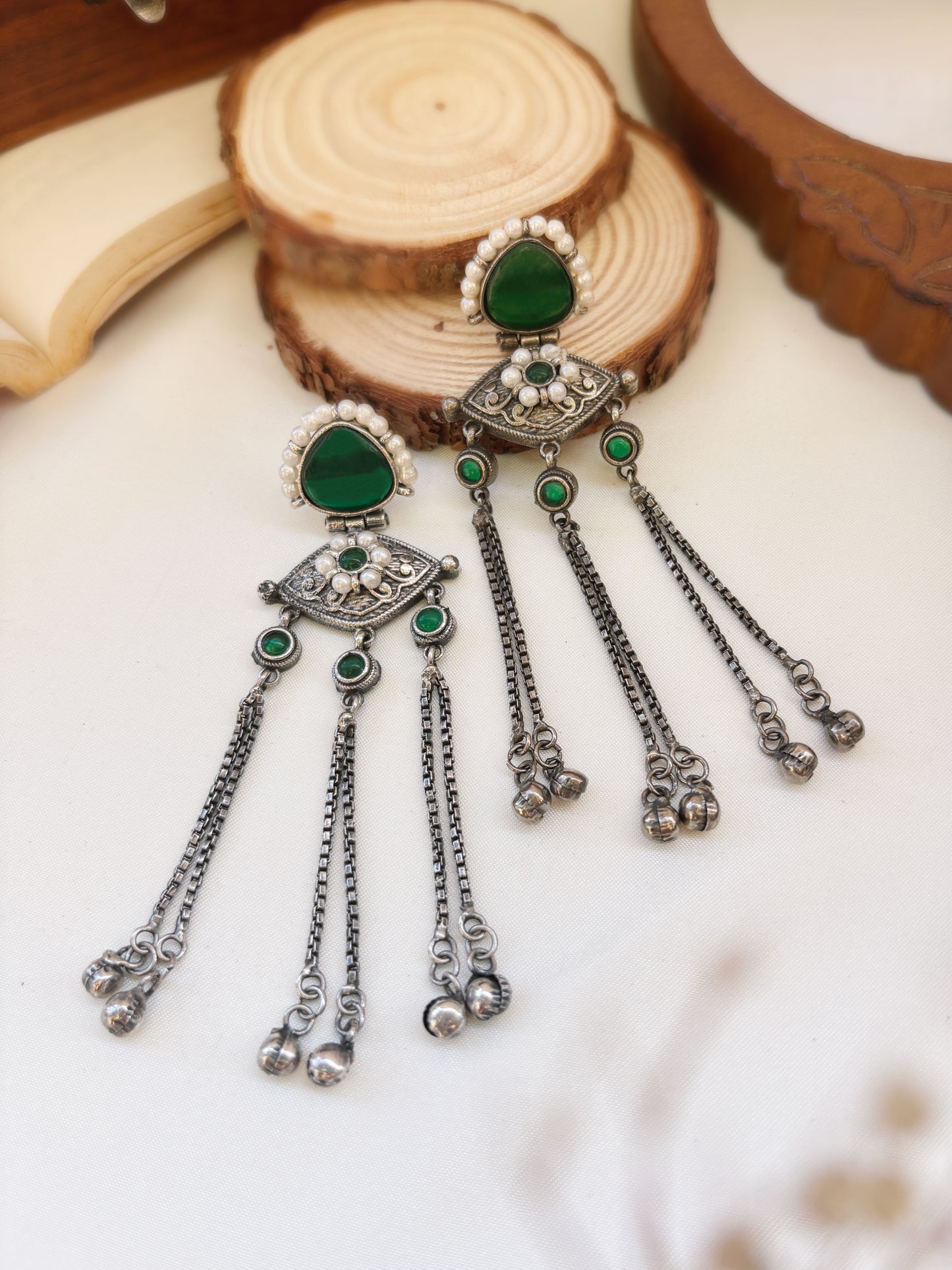 Suravi Green Pearl Monalisa Stone Ghungroo Dangle Earrings