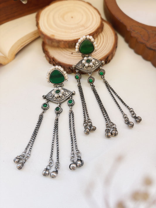 Suravi Green Pearl Monalisa Stone Ghungroo Dangle Earrings