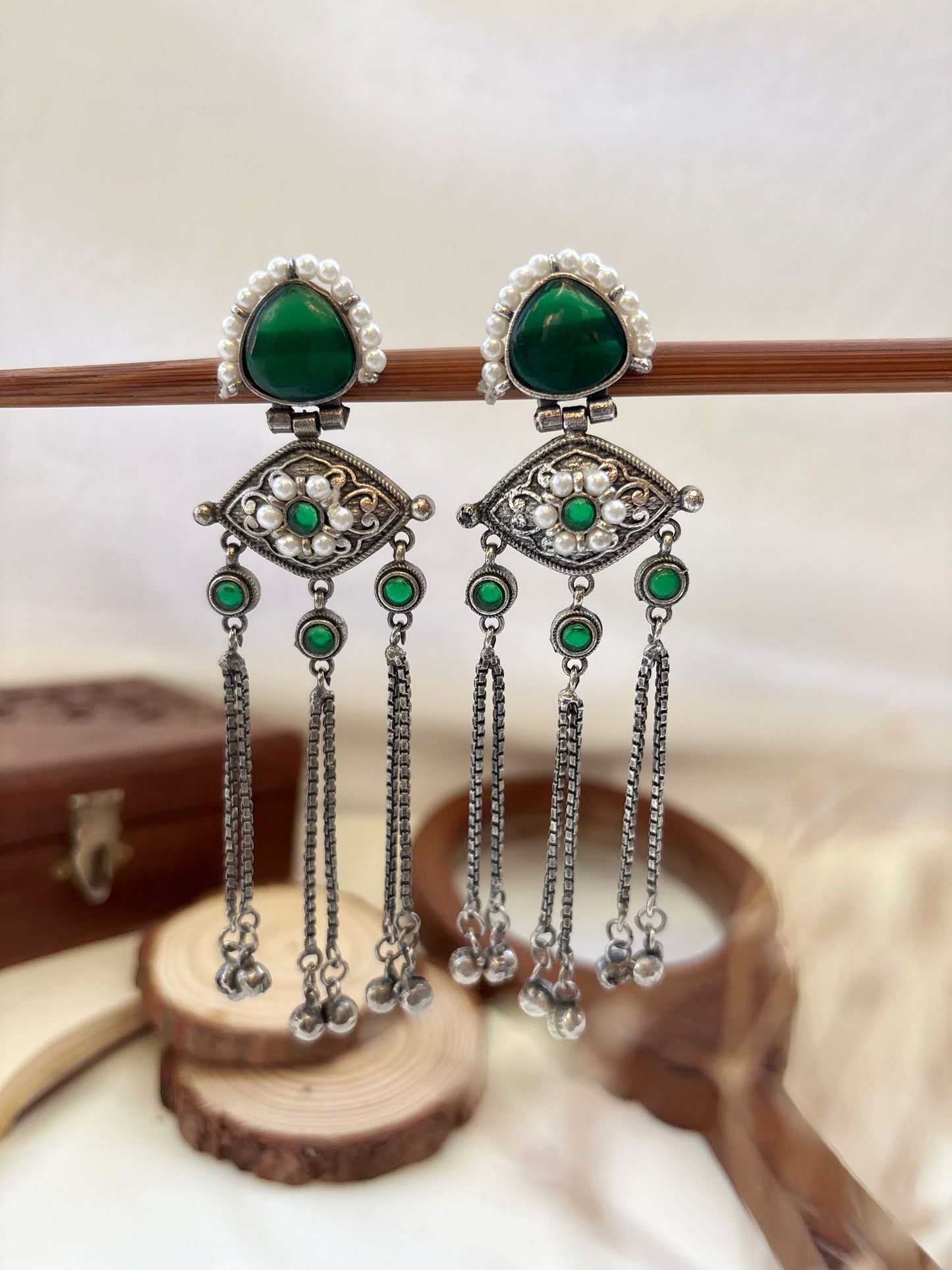 Suravi Green Pearl Monalisa Stone Ghungroo Dangle Earrings