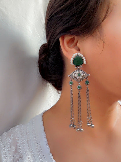 Suravi Green Pearl Monalisa Stone Ghungroo Dangle Earrings