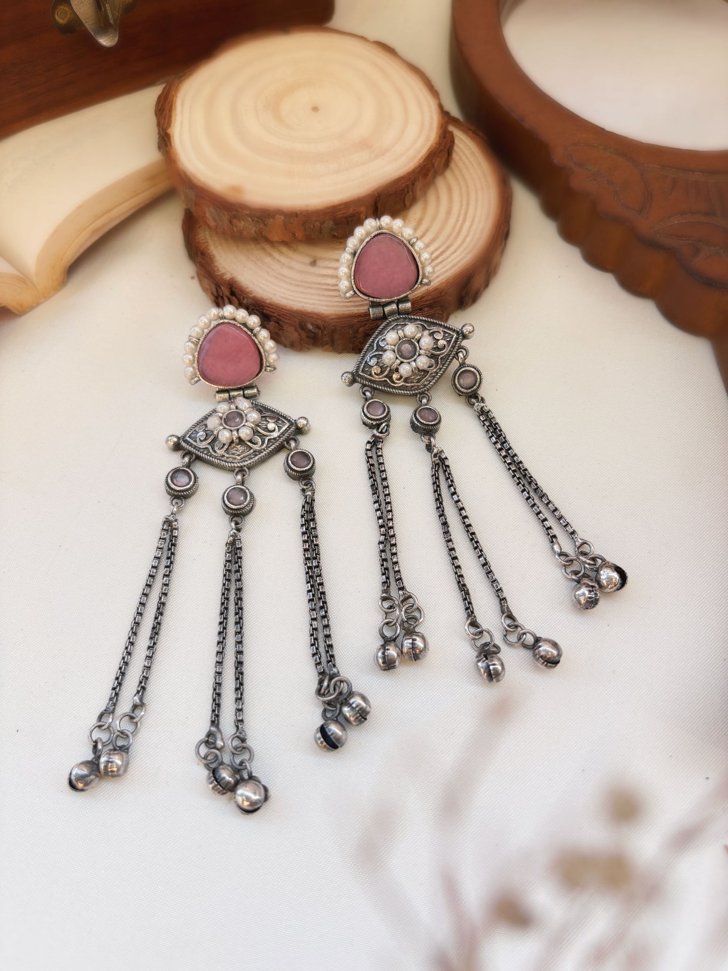 Suravi Pink Pearl Monalisa Stone Ghungroo Dangle Earrings