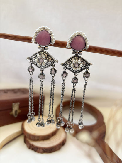 Suravi Pink Pearl Monalisa Stone Ghungroo Dangle Earrings