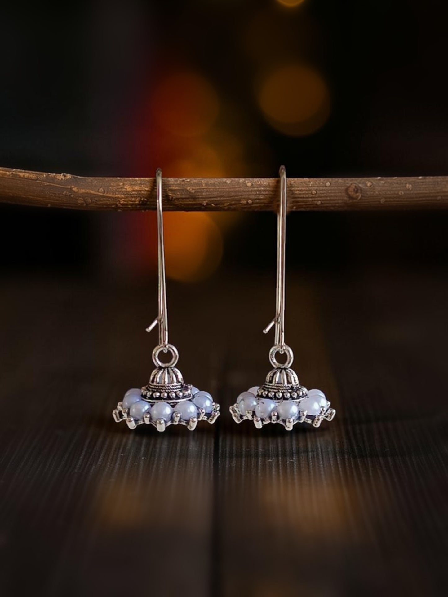 Suri Small Oxidized German Silver Jhumka with Pearls | Minimal Boho Hook Earrings