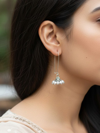 Suri Small Oxidized German Silver Jhumka with Pearls | Minimal Boho Hook Earrings