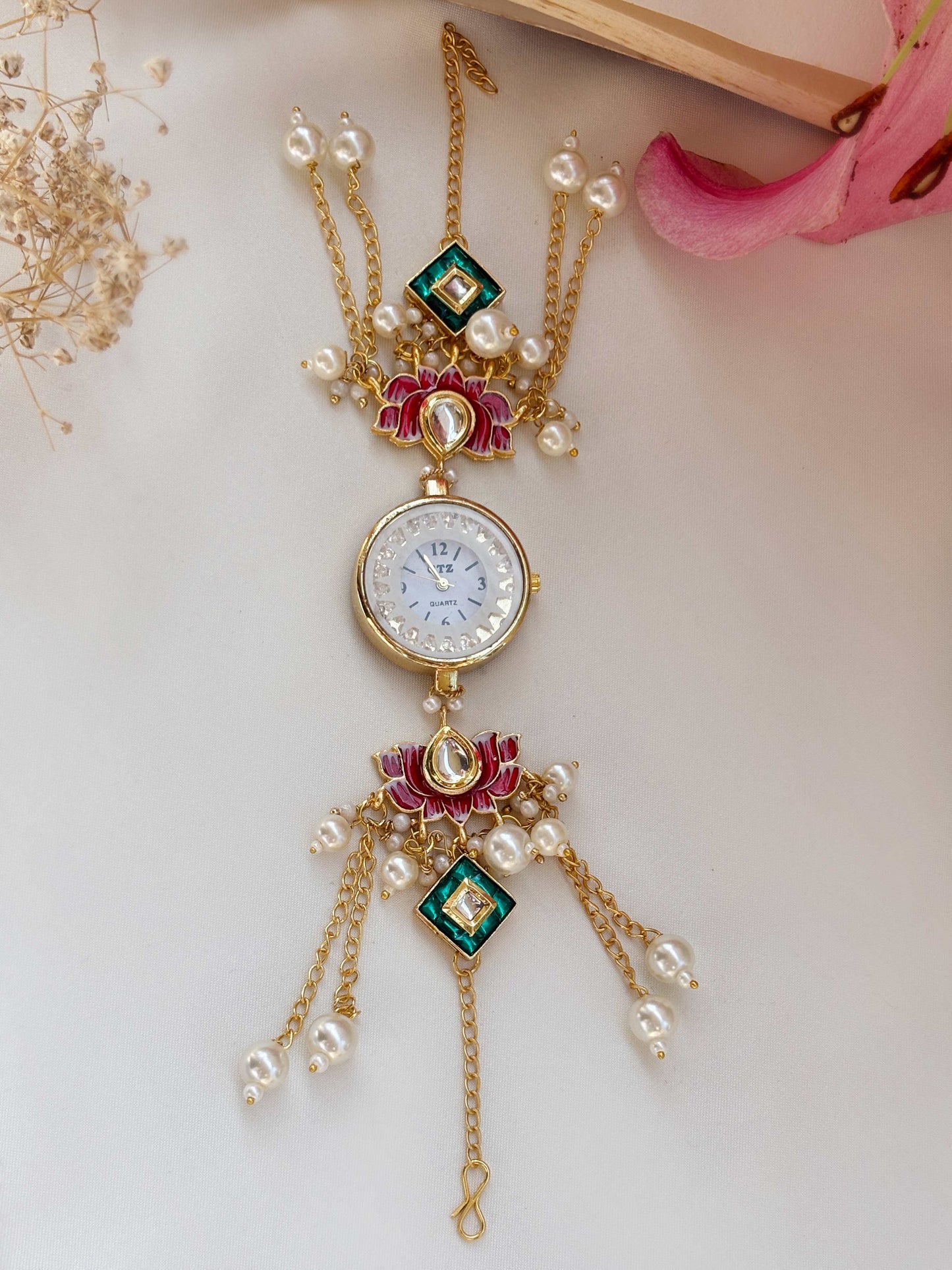 Susanna-2 Golden Pearl Chain Drop Watch Bracelet