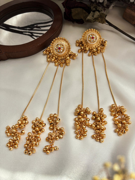 Suvarna Kashmiri Long Ghungroo Golden Dangle Earrings