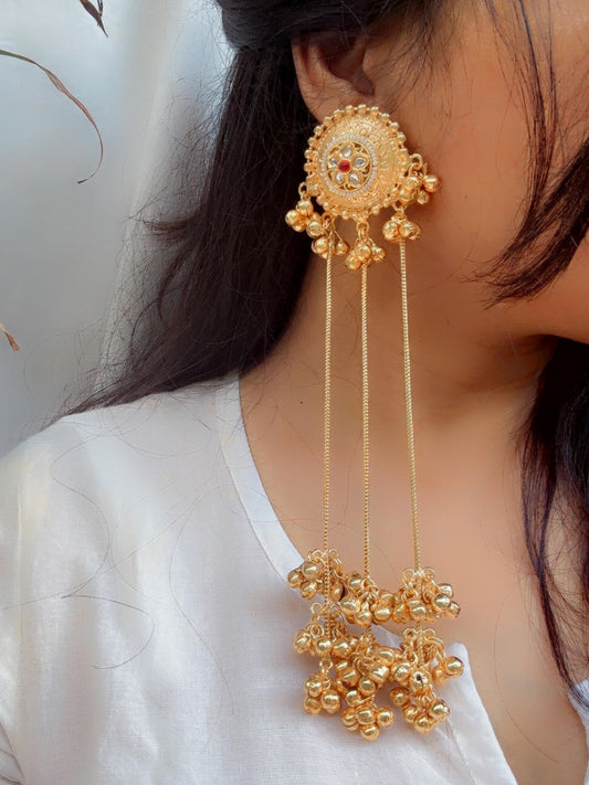 Suvarna Kashmiri Long Ghungroo Golden Dangle Earrings