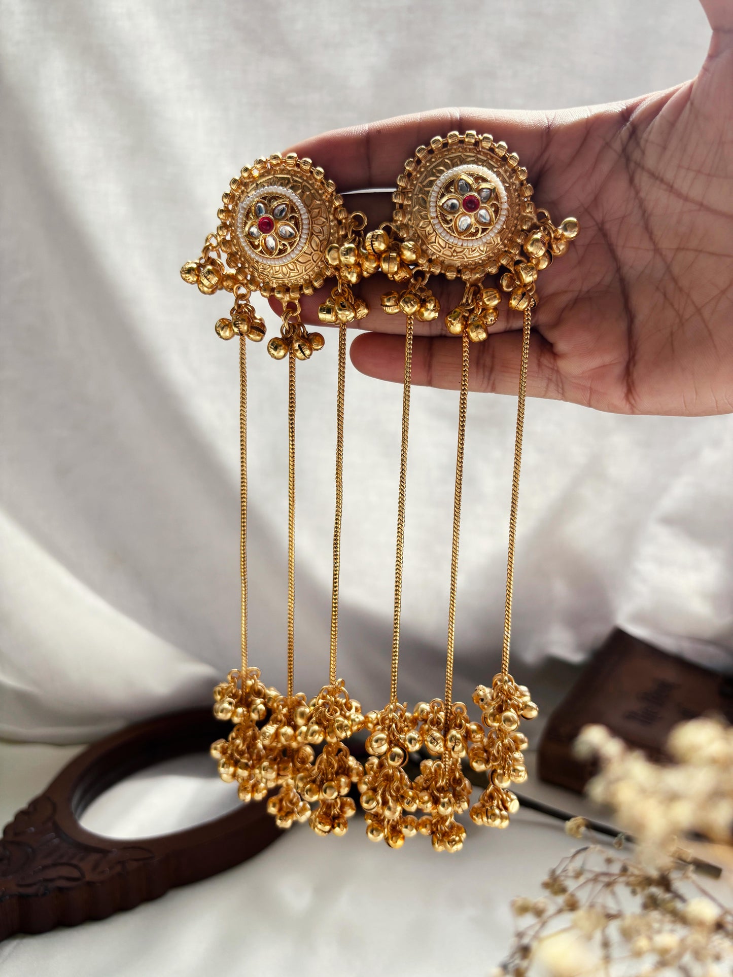 Suvarna Kashmiri Long Ghungroo Golden Dangle Earrings