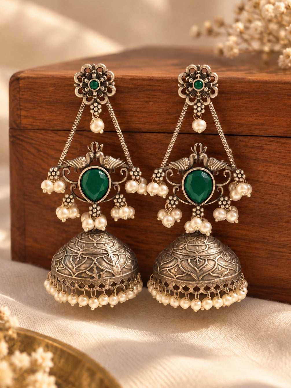 Swani Green Emerald Monalisa Stone Pearl Jhumka Earrings